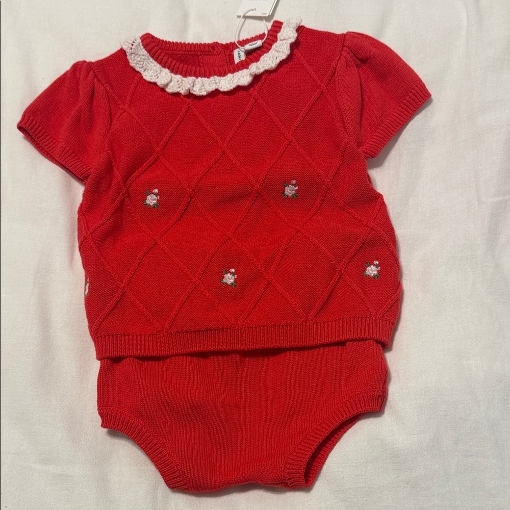 Janie and Jack Red Knit Diaper Cover Set with White Accents